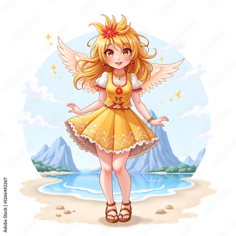 Whimsical fairy in a bright yellow dress by the water Whimsical fairy in a bright yellow dress by the water