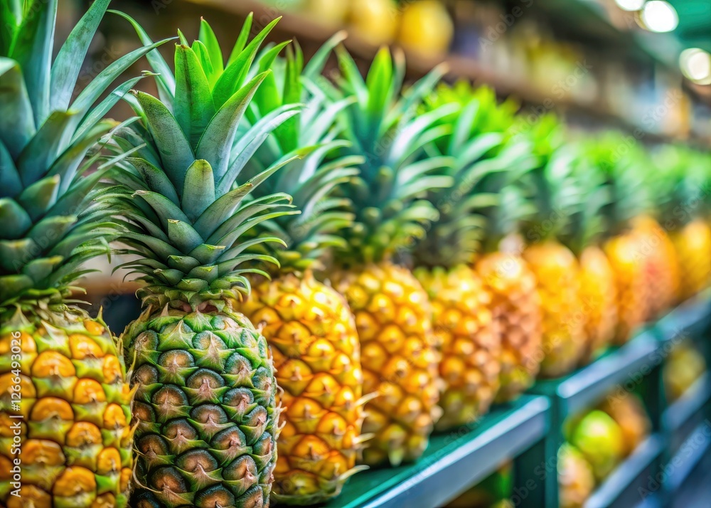 Grocery store pineapples: a tempting display of sweet, succulent tropical fruit, perfect for summer. Grocery store pineapples: a tempting display of sweet, succulent tropical fruit, perfect for summer.