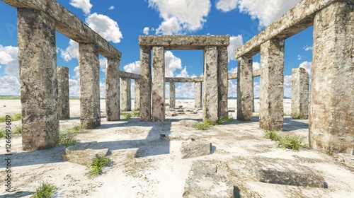 Ancient stone circle ruins, desert landscape, sunny day, possible use for historical fiction, travel or fantasy