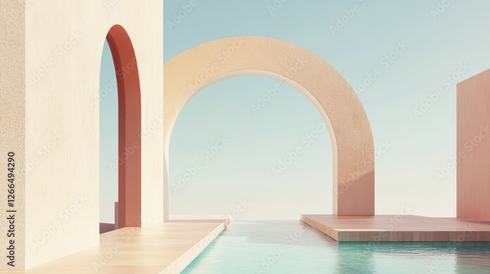 A serene architectural scene featuring arches over tranquil water, evoking calm and modernity. A serene architectural scene featuring arches over tranquil water, evoking calm and modernity.