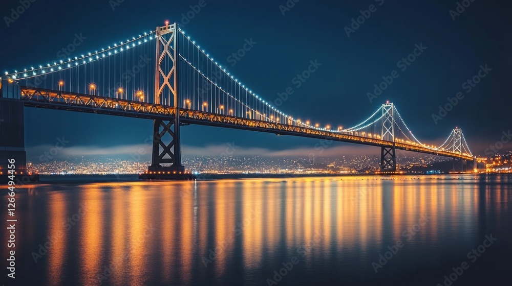 Obraz premium Illuminated Bay Bridge at Night with Reflections on Water Surface