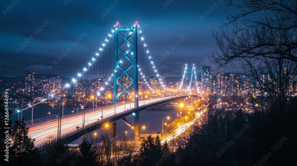 Obraz premium Nighttime View of Illuminated Suspension Bridge with City Background