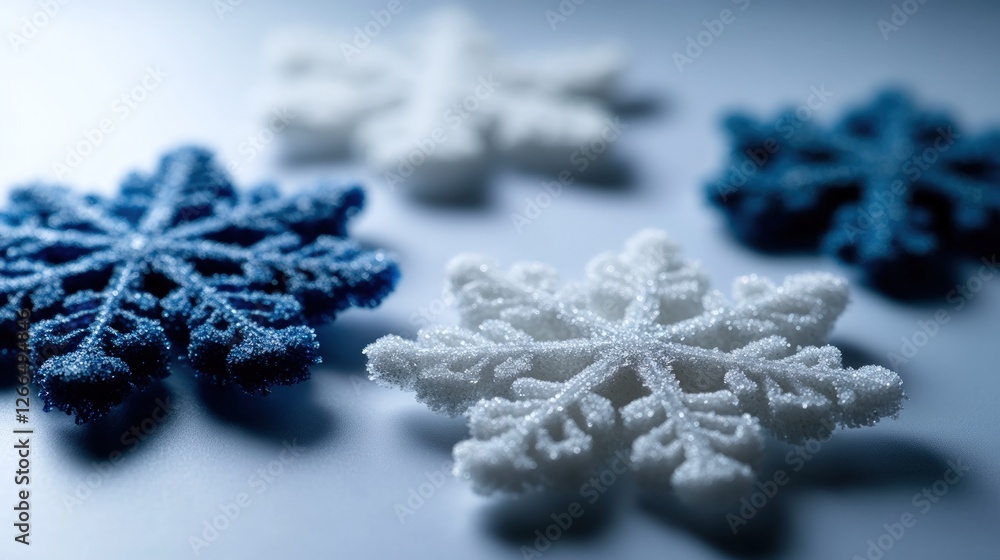 Blue & white snowflakes winter holiday decoration, close-up Blue & white snowflakes winter holiday decoration, close-up