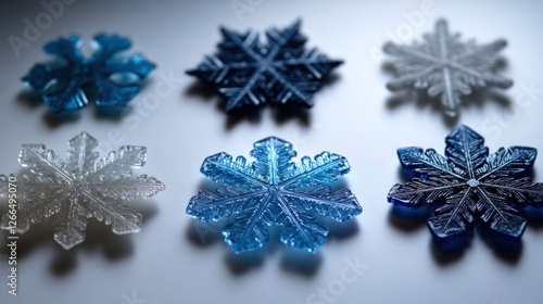 Glass snowflakes arranged on white background, winter holiday decoration, studio shot