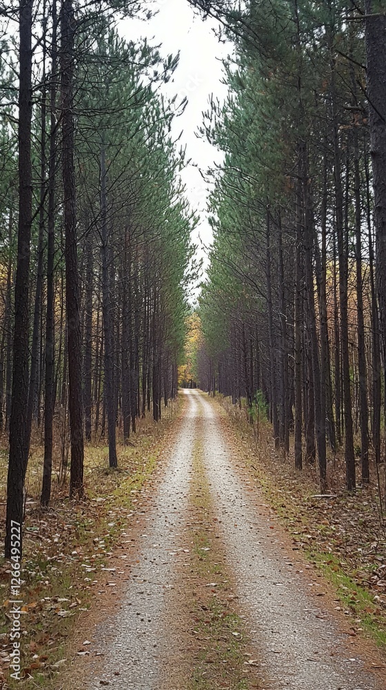 Obraz premium Serene Pathway Through Tall Pine Trees in Tranquil Forest Setting