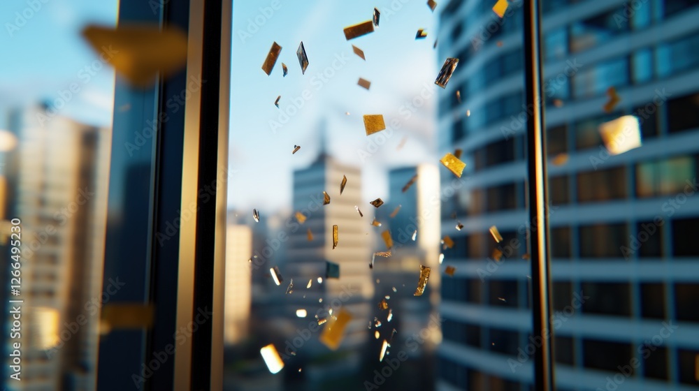 Obraz premium Golden confetti falls city window celebration