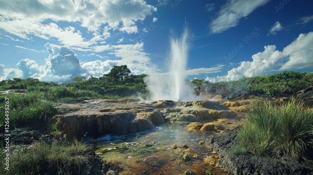 Fototapeta premium Majestic Geyser Erupting into the Sky Surrounded by Lush Wilderness