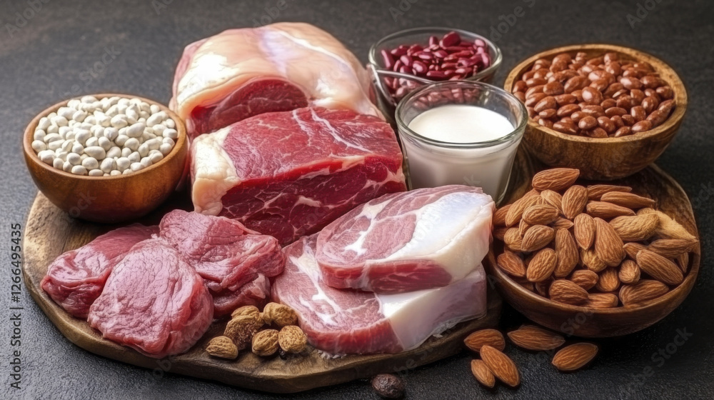 Fresh meat and assorted nuts and beans arranged on wooden platter, showcasing variety of textures and colors