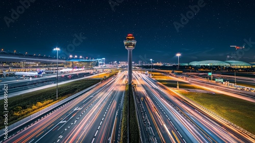 Singapore Changi Airport air traffic control tower at night, surrounded by illuminated terminals and aircraft movement.