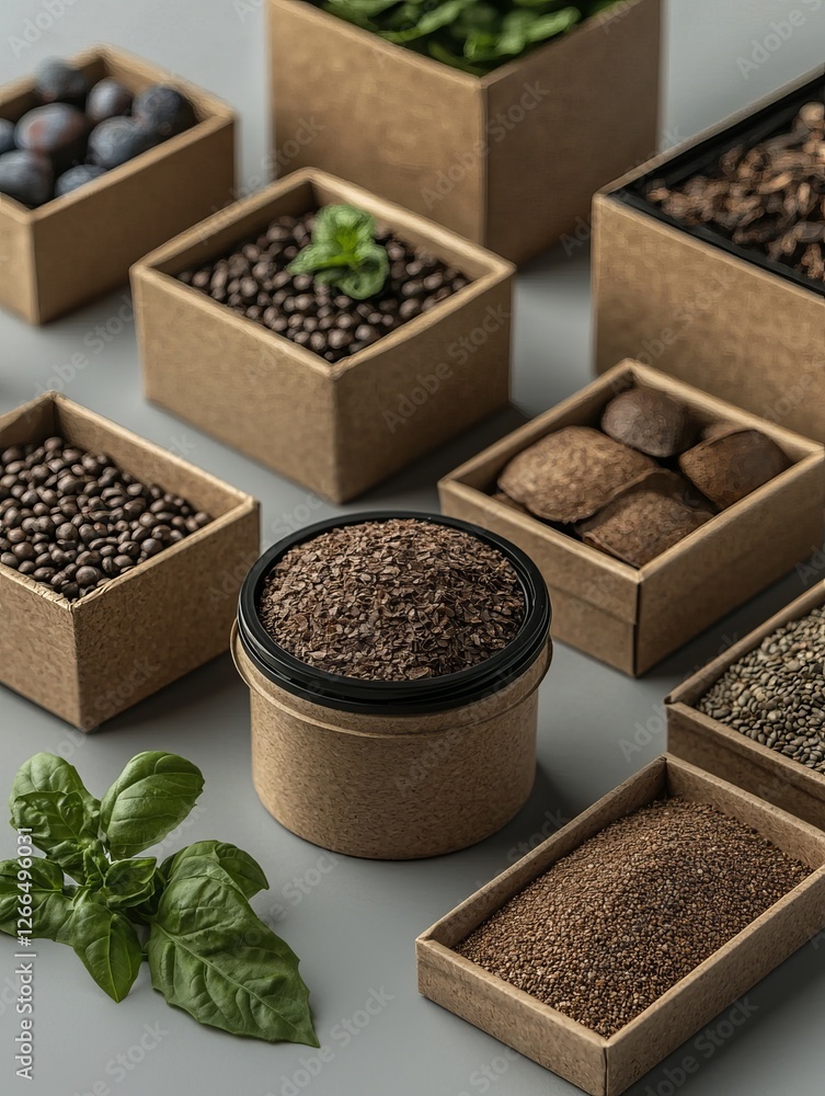 A variety of spices and herbs displayed in eco-friendly boxes, showcasing rich textures and colors, perfect for culinary enthusiasts. A variety of spices and herbs displayed in eco-friendly boxes, showcasing rich textures and colors, perfect for culinary enthusiasts.