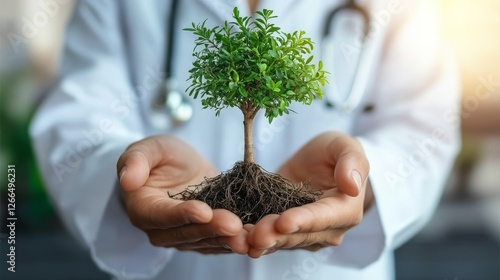 A doctor holds a small tree with roots, symbolizing health, growth, and the connection between nature and well-being.