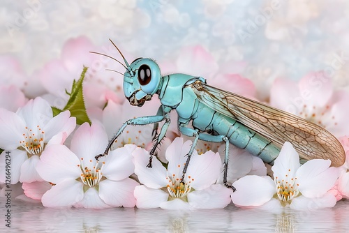 Blue insect on blossoms with blurred bokeh. Macro close-up for spring/summer campaigns photo