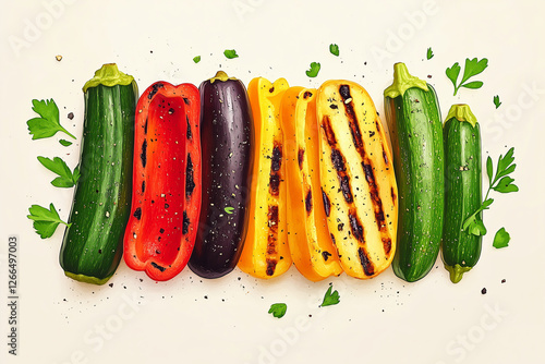 Flat-lay of grilled vegetables featuring cucumbers and bell peppers on a white background