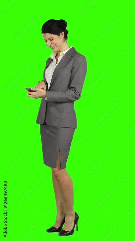 Business woman laughing while using a smartphone and looking at the camera Business woman laughing while using a smartphone and looking at the camera