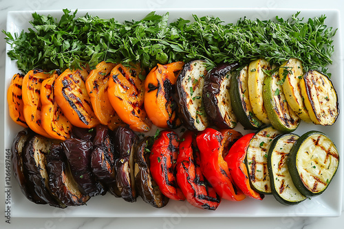 Top view of grilled vegetables with herbs on a white plate