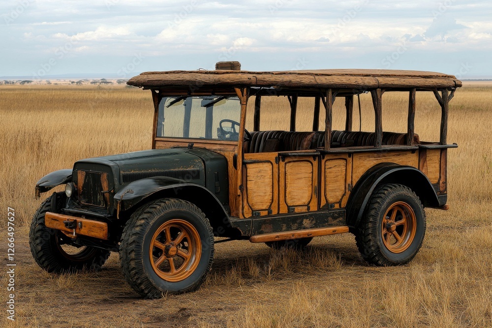Obraz premium An antique wooden safari vehicle parked in a grassy landscape, showcasing rustic charm and natural tones against a cloudy sky.