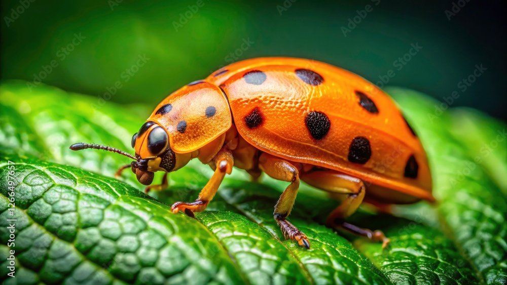 Macro close-up: bright orange ladybug perched on a single, simple green leaf. Macro close-up: bright orange ladybug perched on a single, simple green leaf.