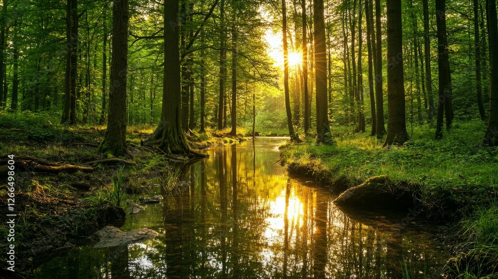 Tranquil Forest Scene with Reflections at Sunrise in Nature Tranquil Forest Scene with Reflections at Sunrise in Nature