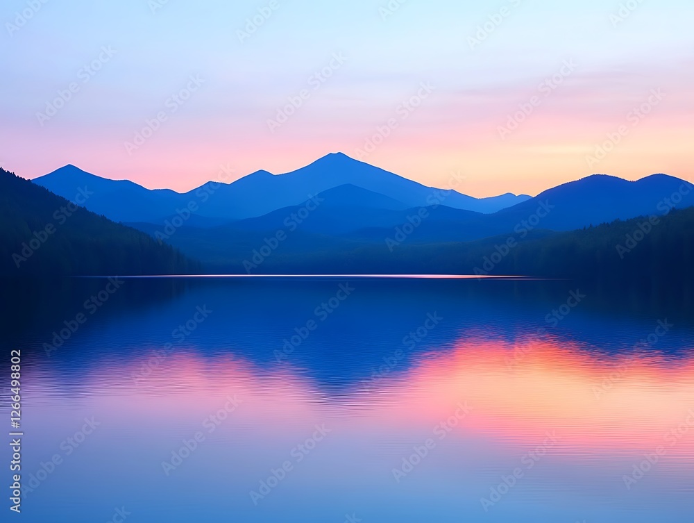 Calm lake reflecting mountains at dusk. Serene landscape for meditation, nature blog, or scenic background Calm lake reflecting mountains at dusk. Serene landscape for meditation, nature blog, or scenic background