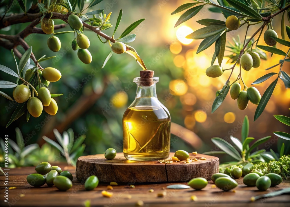 Miniature world: Tilt-shift captures olive oil bottle, olives, branches, splashing oil. Miniature world: Tilt-shift captures olive oil bottle, olives, branches, splashing oil.