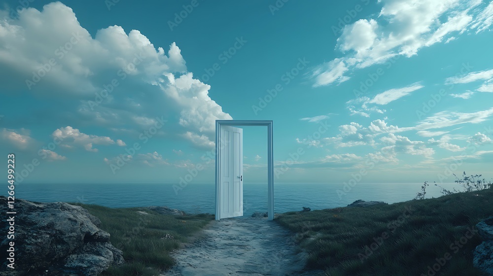 White door in the blue sky with clouds White door in the blue sky with clouds