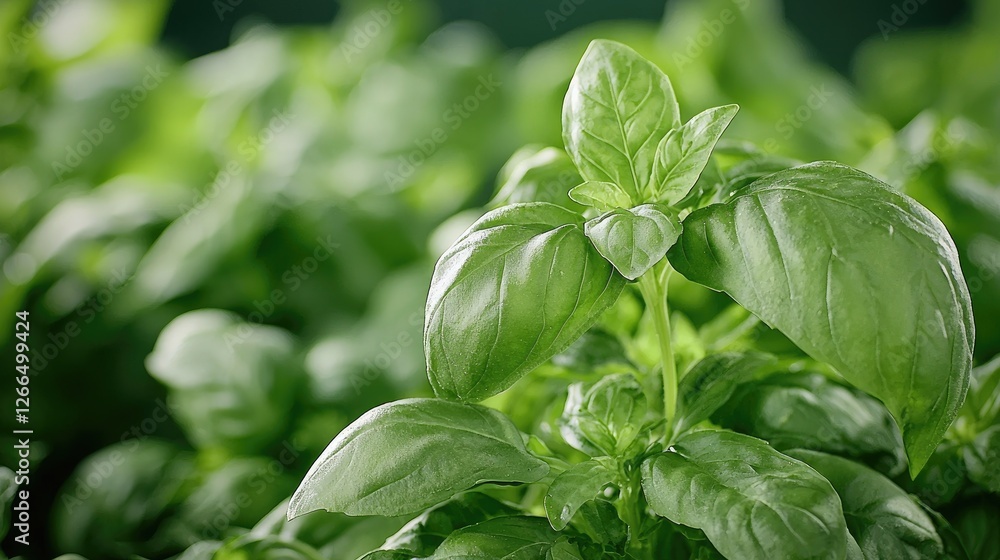 Fresh basil leaves, garden closeup, blurred background, food recipe Fresh basil leaves, garden closeup, blurred background, food recipe