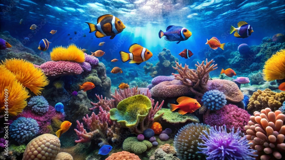 Obraz premium Vibrant Underwater Scene Showcasing a Thriving Coral Reef Ecosystem with Diverse Colorful Fish