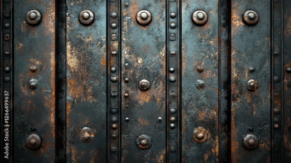 Rusty Metal Door with Textured Surface and Decorative Rivets Rusty Metal Door with Textured Surface and Decorative Rivets