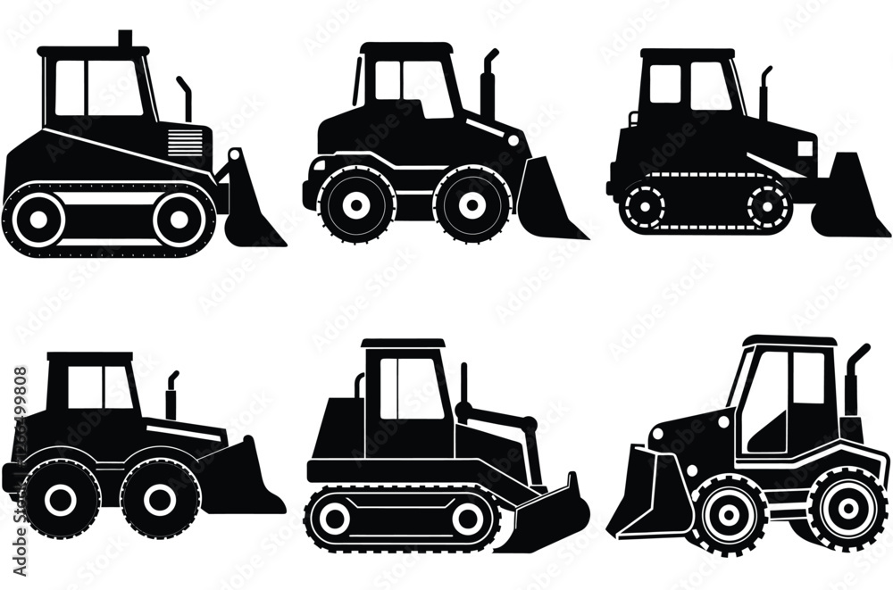 Naklejka premium Heavy Bulldozer silhouette set, Bulldozer construction tractor vector illustration