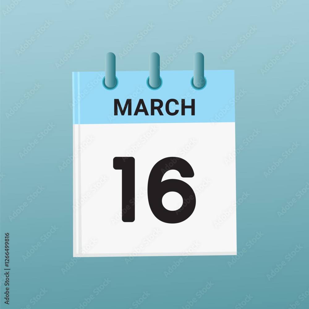 16th March daily calendar icon template. March 16 day calendar design. Single day calendar in vector illustration flat style. 16th March daily calendar icon template. March 16 day calendar design. Single day calendar in vector illustration flat style.