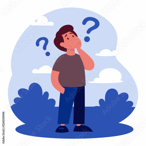 Pensive young man thinking in a blue sky landscape