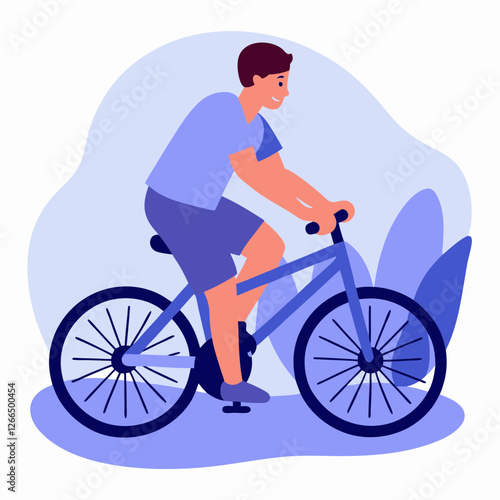 Smiling young man riding a bicycle against a light blue background