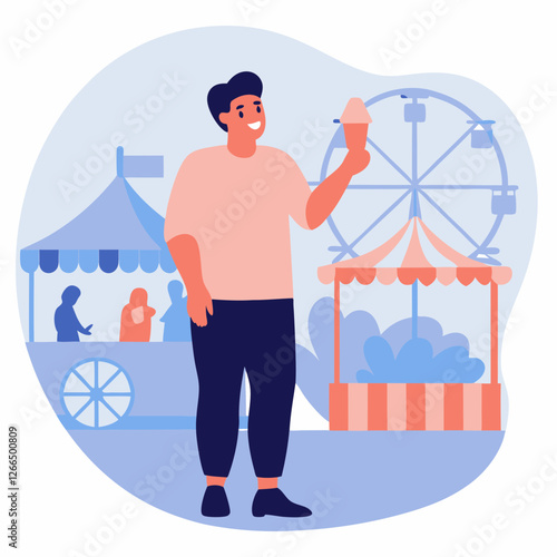 Happy man holding ice cream at a funfair