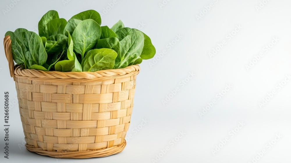 Fresh Green Spinach in a Light Brown Wicker Basket on White Background Fresh Green Spinach in a Light Brown Wicker Basket on White Background