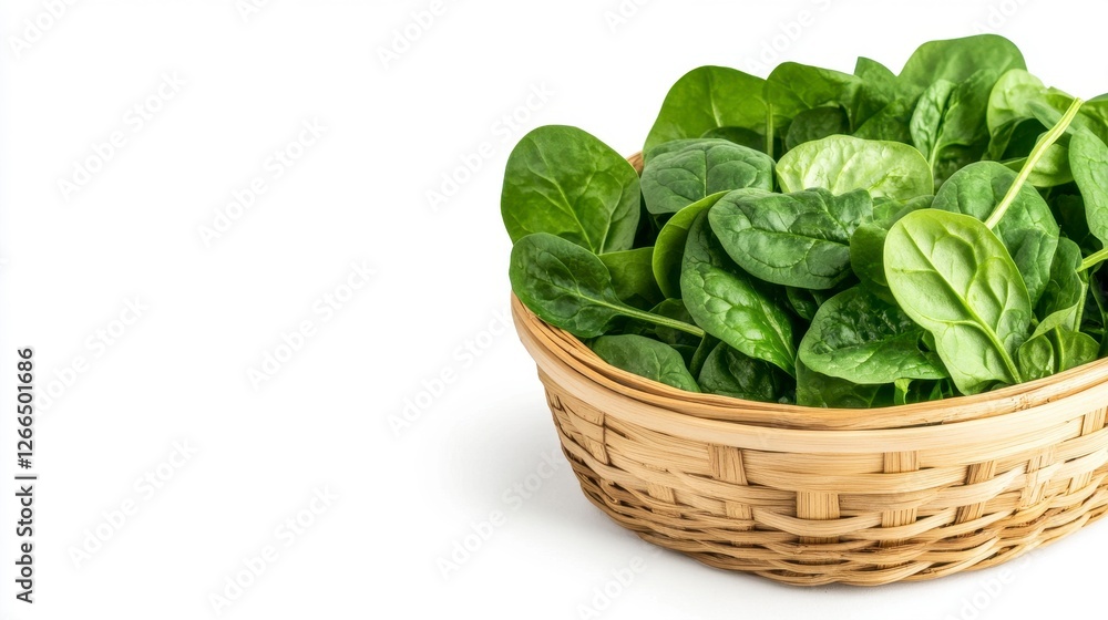 Fresh Green Spinach Leaves in Woven Basket on White Background for Healthy Eating Fresh Green Spinach Leaves in Woven Basket on White Background for Healthy Eating
