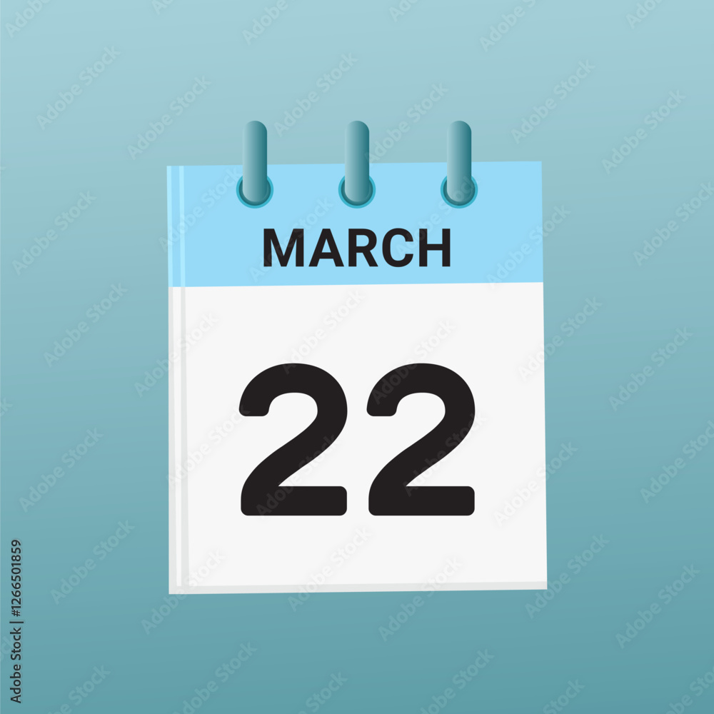 22th March daily calendar icon template. March 22 day calendar design. Single day calendar in vector illustration flat style. 22th March daily calendar icon template. March 22 day calendar design. Single day calendar in vector illustration flat style.