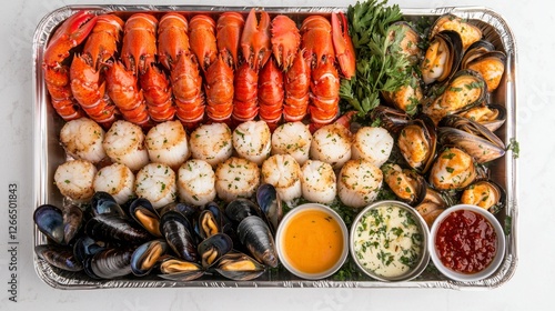 Top view of fresh lobster tails, scallops, and mussels arranged beautifully with dipping sauce and herbs, copy space.