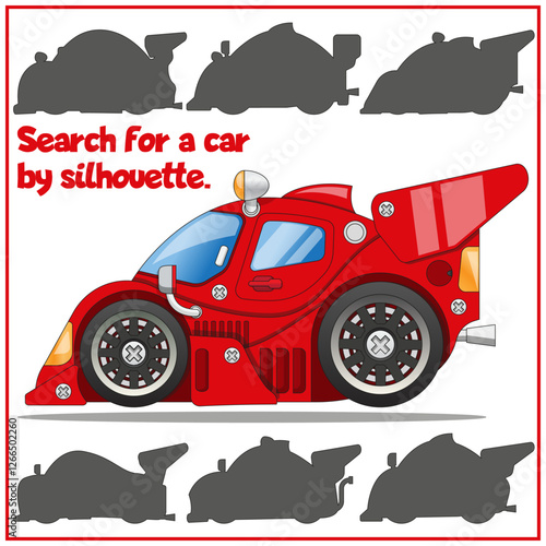 Children's game, puzzle. Search for a car by silhouette. Isolated on white background. Vector illustration.