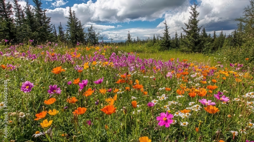Obraz premium A forest background image showcasing a vibrant field of wildflowers in full bloom, with pine trees and fluffy white clouds overhead