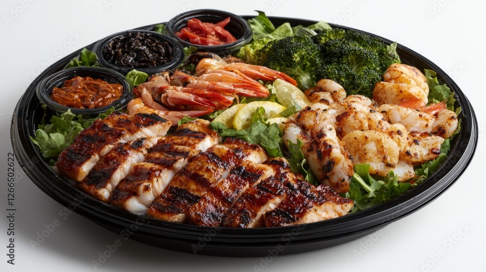 Top-down view of a fresh seafood platter, showcasing premium ingredients on a clean white surface, copy space. Top-down view of a fresh seafood platter, showcasing premium ingredients on a clean white surface, copy space.