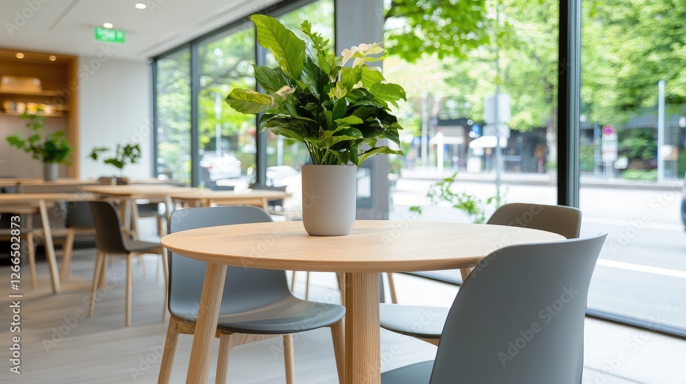 Modern cafe interior, tables, chairs, city view Modern cafe interior, tables, chairs, city view