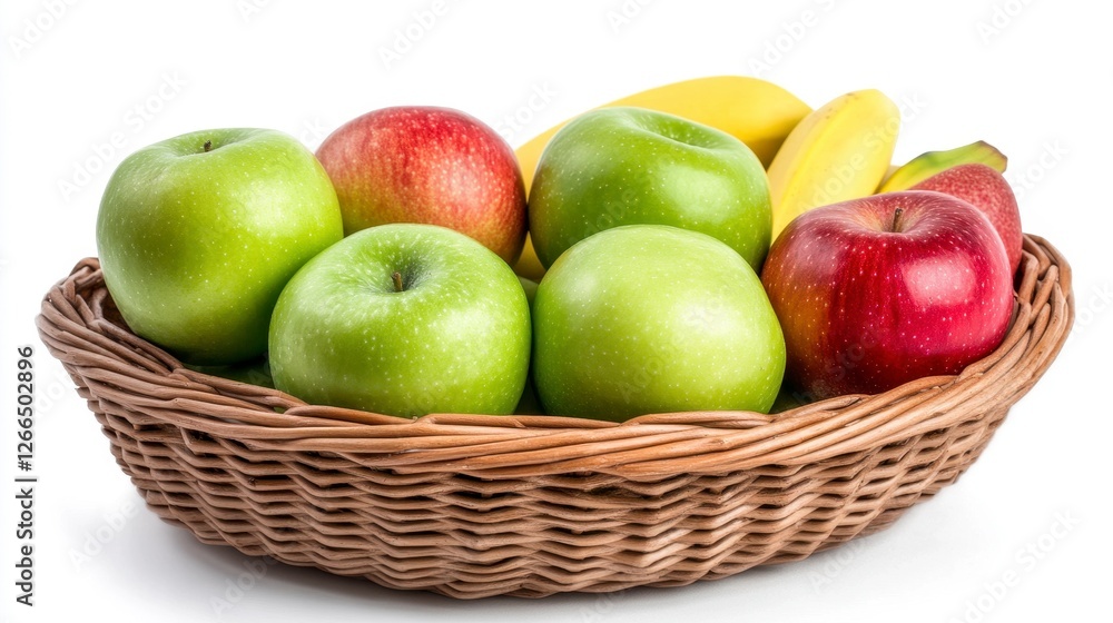 Wicker Basket with Assorted Fresh Red and Green Apples and Yellow Bananas Wicker Basket with Assorted Fresh Red and Green Apples and Yellow Bananas
