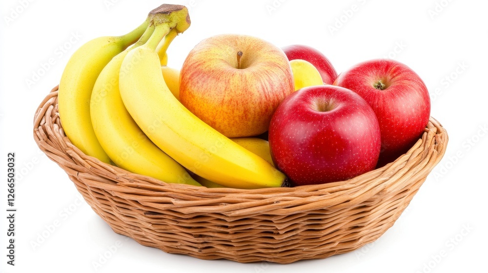 Woven Basket Filled with Ripe Apples and Bananas on White Background Woven Basket Filled with Ripe Apples and Bananas on White Background
