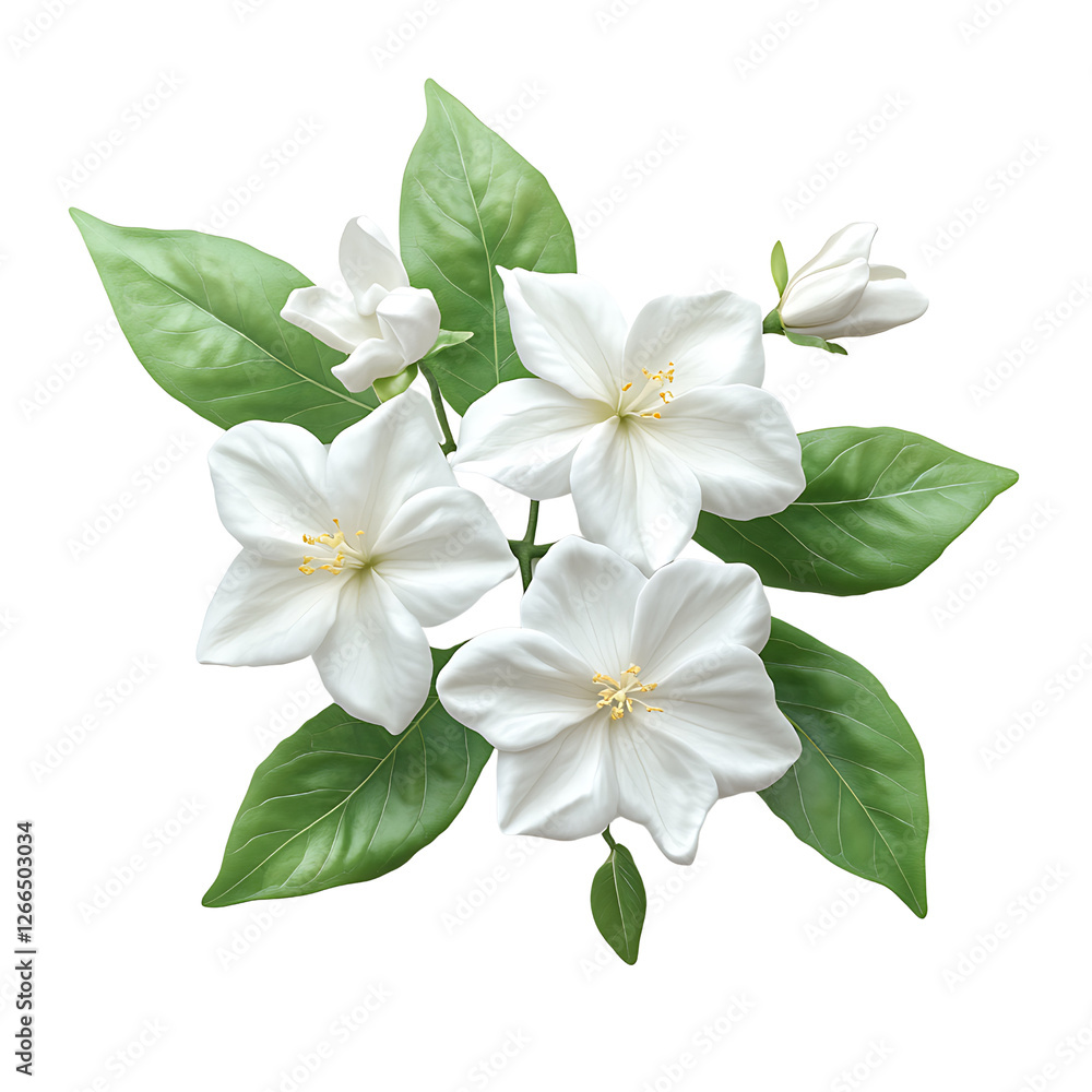 Obraz premium Jasmine Flowers with Lush Green Leaves on Transparent Background