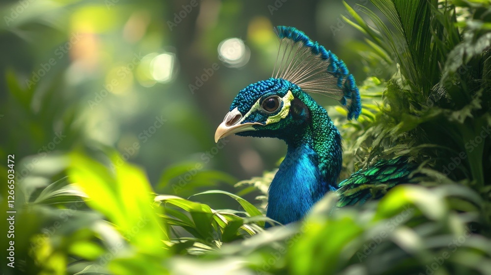 Obraz premium Vibrant peacock amidst lush greenery, showcasing its colorful feathers in a serene jungle setting