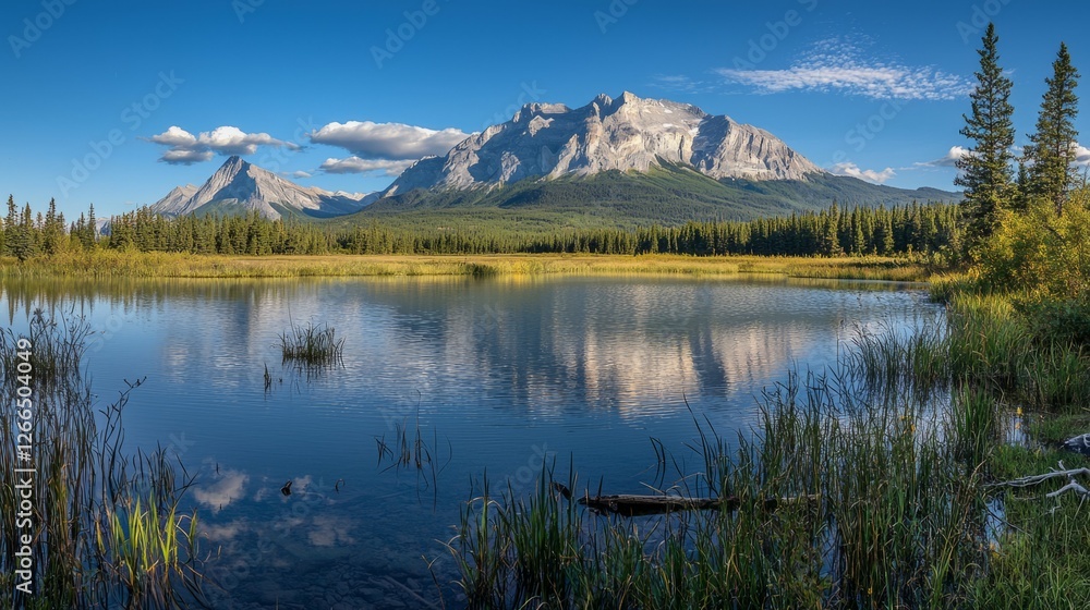 Serene Mountain Landscape with Reflections in Calm Lake Water Serene Mountain Landscape with Reflections in Calm Lake Water