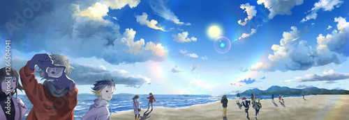 海辺で青春を楽しむ人々,エモい,空,雲