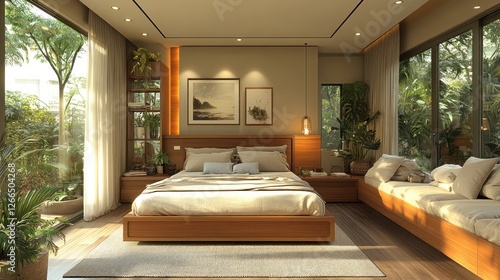 A serene bedroom with natural light, plants, and wooden furniture for relaxation and comfort.