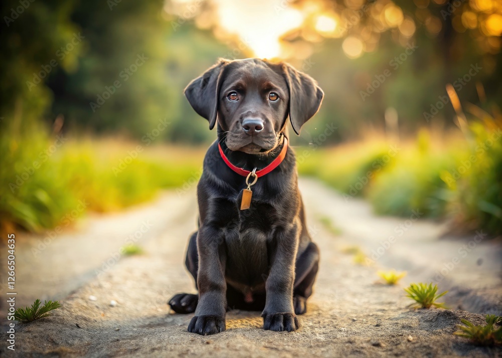 Sandy path, dog park bliss: a captivating photo of an adorable black Labrador puppy. Sandy path, dog park bliss: a captivating photo of an adorable black Labrador puppy.