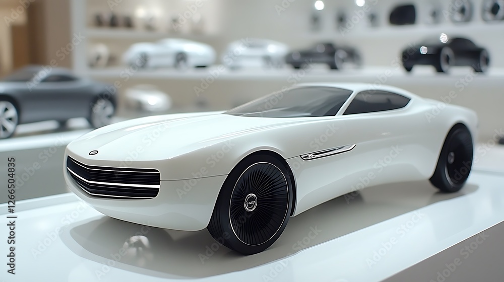 Obraz premium White sports car model, showroom display